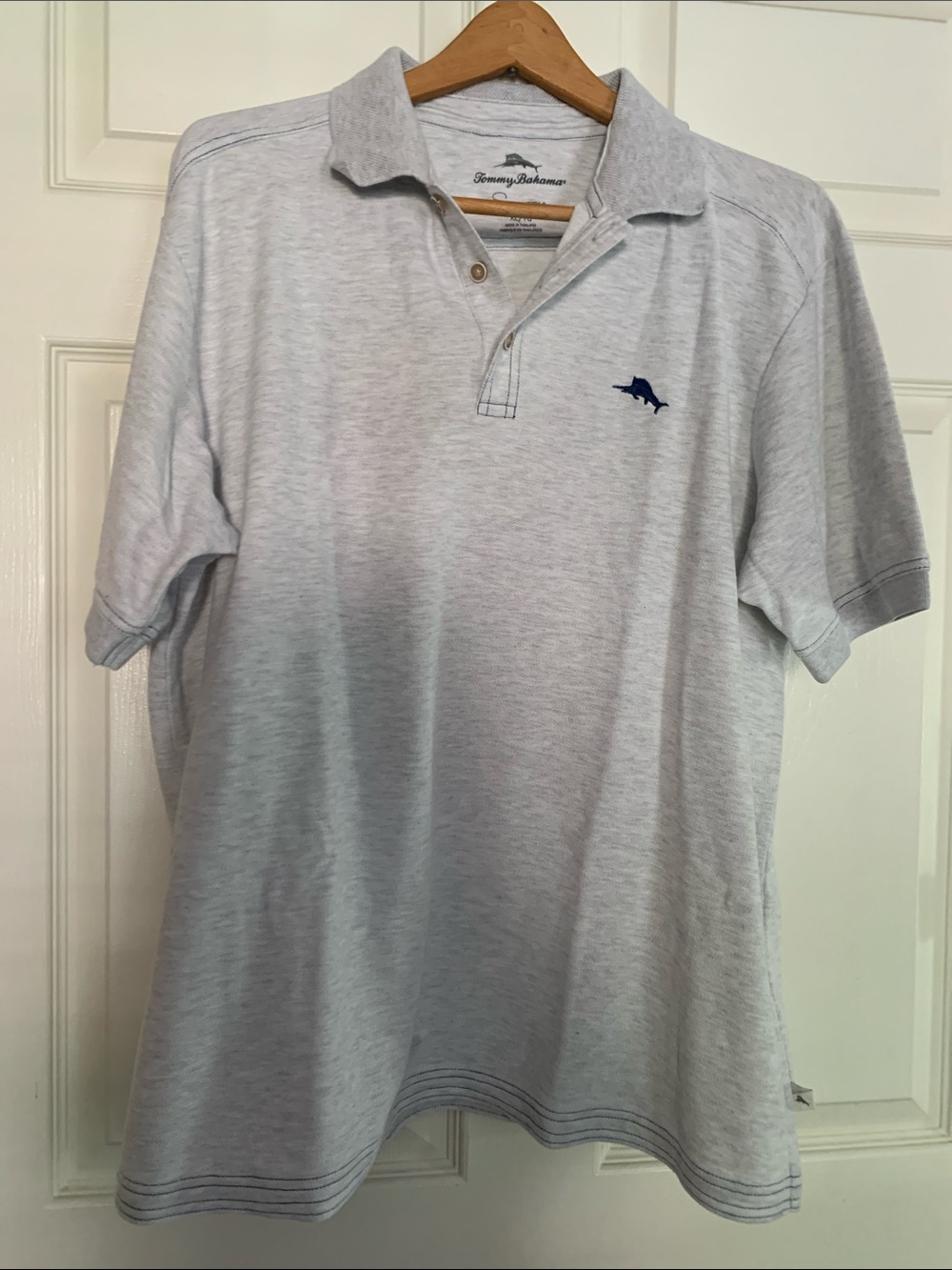 Tommy Bahama Light Heather Gray Polo with Navy Blue Marlin Logo XL